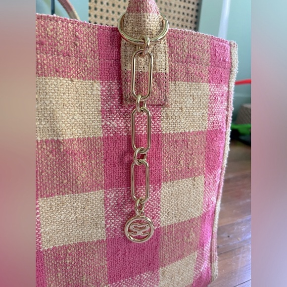 Sandro Paris Large Pink Cream Kasbah Tan Gold Check Gingham Tote Bag EUC $450 - Picture 3 of 11